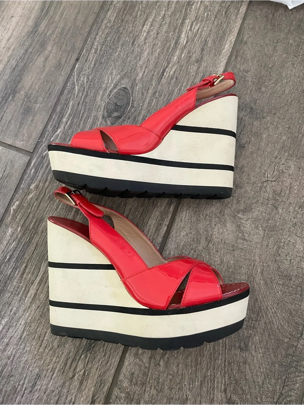 kate spade Red Patent Platform Wedge Sandals with Striped Sole